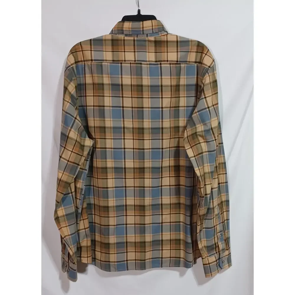 Banana Republic Untucked Fit Men's sz L Long Sleeve Shirt Brown Blue Black Plaid
